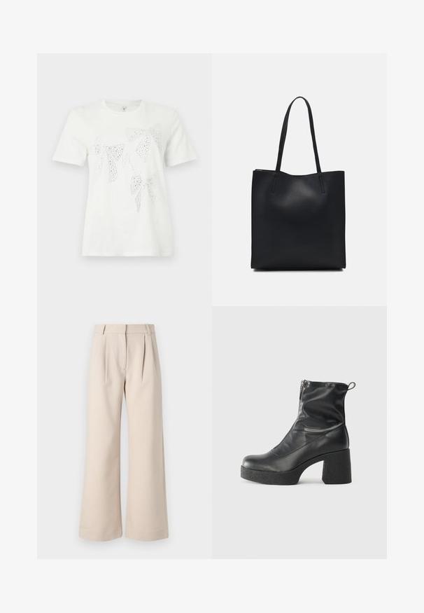 Fehér pamut póló, különböző méretű és formájú strasszos díszítésű masnikkal a mellrészen. Rövid ujjak és kerek nyakkivágás.; Beige színű, széles szárú nadrág, pletykázott elülső résszel, könnyű anyagból készült. Magas derekával és karcsú sziluettjével ellazult fazont biztosít.; Fekete bokacsizmák sima bőrből, oldalsó cipzárral, vastag, texturált sarkú és lekerekített orrú dizájnnal.; Fekete bőrtáska sima felszínnel, téglalap alakú, két hosszú füllel. Nincs látható fémkiegészítő vagy díszítés.