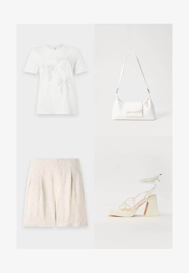 White cotton t-shirt featuring rhinestone-embellished bows in various sizes and shapes across the front. Short sleeves and crew neckline.; Light beige linen shorts with a tailored design, featuring pleats and a clean, straight cut. Smooth texture, no visible hardware or accents.; White high-heeled sandal with a chunky heel, featuring a strappy design and ankle tie. Smooth texture with a platform front for added height.; White synthetic handbag with a triangular shape, flat front flap and bow detail, adjustable strap, smooth texture, and minimalistic design.