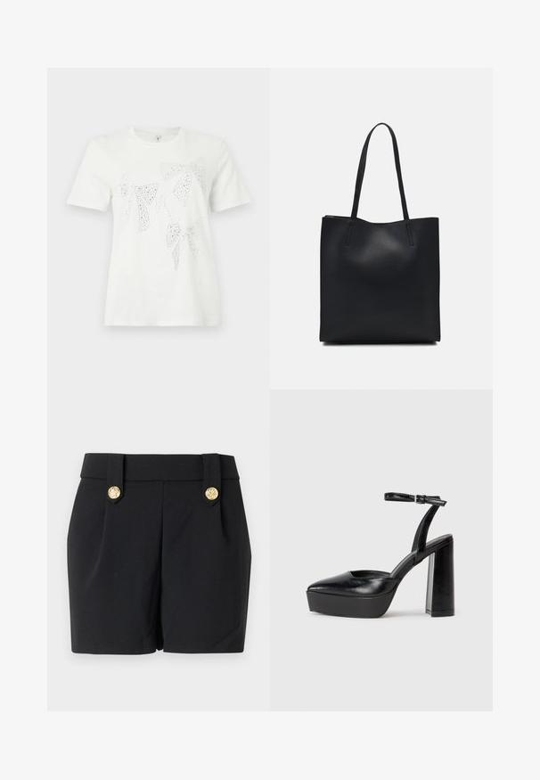 Vitt bomullströja med strassprydda rosetter i olika storlekar och former över framsidan. Kort ärm och rundad halsringning.; Svarta shorts med skräddarsydd design, som har dekorativa knappar i guldton och en slät textur. Inga fickor eller synliga sömmar.; Svarta plattformsskor med spetsig tå och justerbart vristband. Tillverkade av mjukt läder, med en kraftig blockklack.; Svart lädertoffelväska med slät textur, rektangulär form och två långa handtag. Ingen synlig hårdvara eller dekorationer.