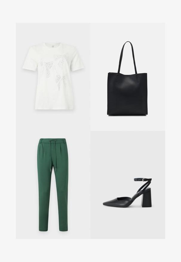 Tricou din bumbac alb, cu fundițe embelliate cu cristale în diverse dimensiuni și forme pe partea din față. Mâneci scurte și guler rotund.; Pantaloni de trening verzi, confecționați dintr-un material moale, având o talie elastică cu șnur, picioare conice și detalii cu pliuri laterale.; Pantofii cu toc ascuțit din piele neagră, cu breteaua pentru glezne și toc gros. Textură netedă, design elegant și estetică minimală.; Geantă tote neagră din piele, cu textură netedă, formă rectangulară și două mânere lungi. Fără hardware vizibil sau ornamente.