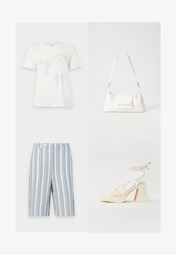 Fehér pamut póló, különböző méretű és formájú strasszos díszítésű masnikkal a mellrészen. Rövid ujjak és kerek nyakkivágás.; Vászon rövidnadrág függőleges kék és fehér csíkokkal, normál derékrésszel és gombos záródással, valamint két oldalsó zsebbel.; Fehér, magassarkú szandál vastag sarokkal, pántos dizájnnal és bokapánttal. Sima textúra, elülső platformmal a megnövelt magasság érdekében.; Fehér szintetikus kézitáska, háromszög alakú, lapos előlap, masni részlettel, állítható pánttal, sima textúrával és minimalista dizájnnal.