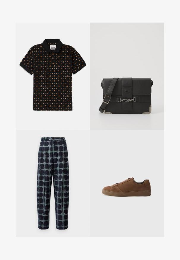 Svart polo-shirt med ett upprepande orange geometriskt mönster. Materialet är slätt med klassisk krage och treknappsslut.; Mörkblå byxor med en texturerad tyg, med ett grönt och svart rutmönster, raka ben och knäppning framtill.; Bruna mockasnörskor med rund tå, platta snören och en texturerad gummisula. En enkel design med minimala accenter.; Svart läderbryggväska med en texturerad yta, metallhårdvaruaccenter, justerbar rem och en klaffstängning med spänndetaljer.