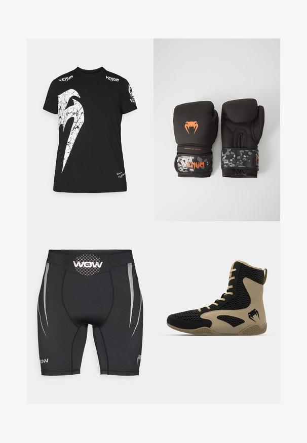 Zwarte katoen t-shirt met een grote witte gebarsten grafiek op de voorkant, Venum-logo op de schouders en een klein logo aan de zoom.; Zwarte sportkorte broek gemaakt van rekbaar nylon, met zilveren zijaccenten, een mesh tailleband en logodetails aan de onderzijde voor en achter.; Hoge sportieve schoen met een zwart gaasexterieur en beige accenten. Gestructureerde rubberen zool en logo-detail aan de zijkant.; Zwarte bokskampen met een matte afwerking en ergonomisch ontwerp. Oranje logo-details en camouflage-gepatenteerde polsbanden.