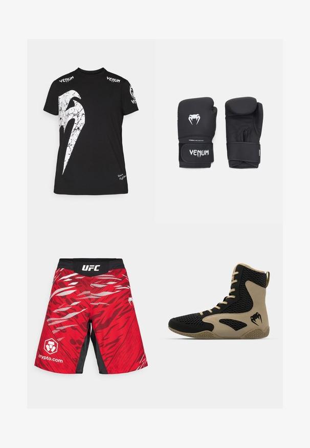 Tricou din bumbac negru cu un grafic alb mare, crăpat, pe față, logo-ul Venum pe umeri și un logo mic la tiv.; Șorturi MMA roșii cu un brâu negru. Prezintă un model abstract îndrăzneț în roșu și alb. Logourile UFC și crypto.com sunt afișate proeminent.; Pantofă sport de tip high-top cu un exterior din plasă neagră și accente bej. Talpă din cauciuc texturat și detaliu logo pe lateral.; Mănuși de box negre cu o textură netedă, având un logo alb Venom și o curea ajustabilă cu velcro pentru o fixare sigură.