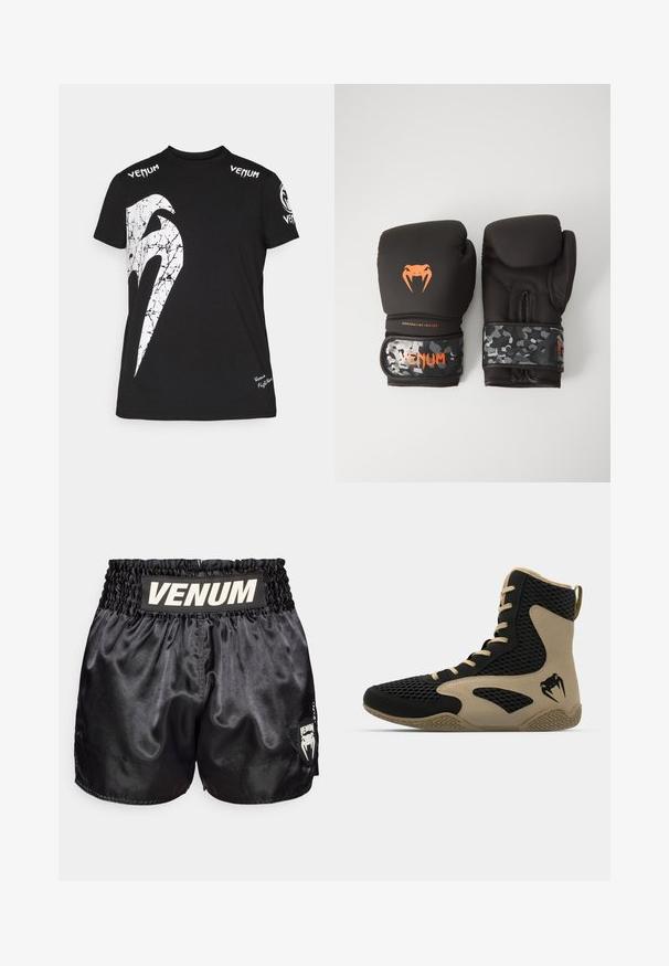 Čierne bavlnené tričko s veľkým bielym prasknutým grafikom na prednej strane, logom Venum na pleciach a malým logom na leme.; Čierne saténové boxerské šortky s elastickým pásom, s bielym logom "VENUM" a bielou nášivkou loga na boku. Hladká textúra.; Vysoké športové topánky s čiernou sieťovinou a béžovými akcentmi. Štruktúrovaná gumová podrážka a detail loga na boku.; Čierne boxerské rukavice s matným povrchom a ergonomickým dizajnom. Oranžové logo a manžety s maskáčovým vzorom.