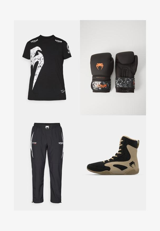 Čierne bavlnené tričko s veľkým bielym prasknutým grafikom na prednej strane, logom Venum na pleciach a malým logom na leme.; Čierne športové nohavice vyrobené z ľahkej tkaniny, s bielymi akcentmi, elastickým pásom a bočnými vreckami. Zobrazené logá.; Vysoké športové topánky s čiernou sieťovinou a béžovými akcentmi. Štruktúrovaná gumová podrážka a detail loga na boku.; Čierne boxerské rukavice s matným povrchom a ergonomickým dizajnom. Oranžové logo a manžety s maskáčovým vzorom.