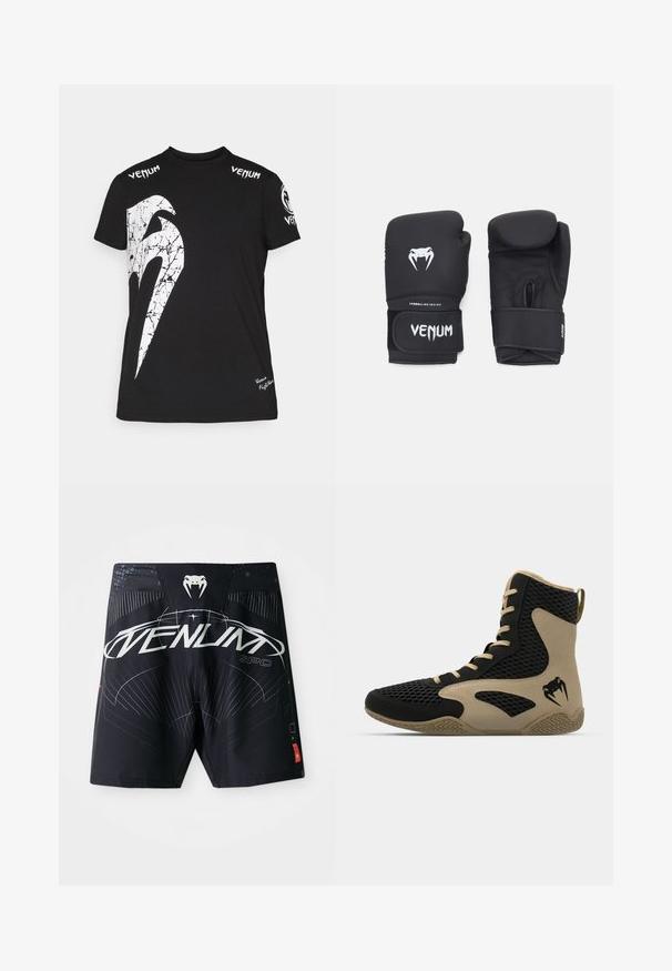 Tricou din bumbac negru cu un grafic alb mare, crăpat, pe față, logo-ul Venum pe umeri și un logo mic la tiv.; Șorturi de baie negre cu un finisaj lucios, având desene grafice alb și albastru deschis, un logo de marcă și detalii contrastante în roșu.; Pantofă sport de tip high-top cu un exterior din plasă neagră și accente bej. Talpă din cauciuc texturat și detaliu logo pe lateral.; Mănuși de box negre cu o textură netedă, având un logo alb Venom și o curea ajustabilă cu velcro pentru o fixare sigură.