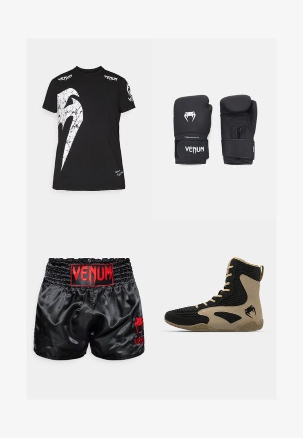Tricou din bumbac negru cu un grafic alb mare, crăpat, pe față, logo-ul Venum pe umeri și un logo mic la tiv.; Pantaloni scurți de box din satin negru, cu un talie elastică lată ce prezintă logo-ul roșu "VENUM" și un logo grafic roșu pe partea inferioară.; Pantofă sport de tip high-top cu un exterior din plasă neagră și accente bej. Talpă din cauciuc texturat și detaliu logo pe lateral.; Mănuși de box negre cu o textură netedă, având un logo alb Venom și o curea ajustabilă cu velcro pentru o fixare sigură.