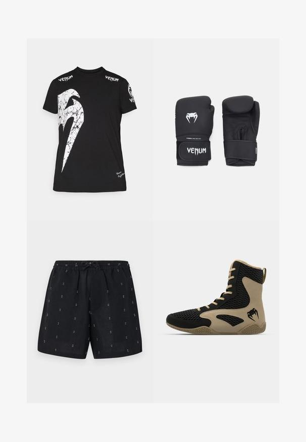 T-shirt en coton noir avec un grand motif blanc craquelé sur le devant, logo Venum sur les épaules et un petit logo à l'ourlet.; Shorts en lin noir avec une taille élastique et un cordon de serrage. Présente de petits motifs géométriques blancs sur l'ensemble du tissu.; Chaussure de sport montante avec un extérieur en mesh noir et des accents beiges. Semelle en caoutchouc texturée et détail de logo sur le côté.; Gants de boxe noirs avec une texture lisse, présentant un logo Venom blanc et une sangle ajustable à velcro pour un maintien sécurisé.