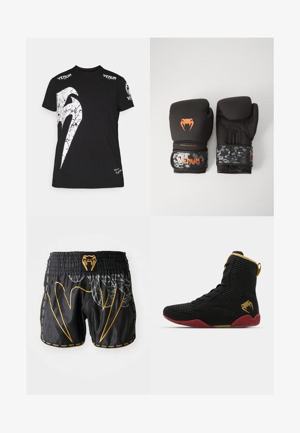 Schwarzes Baumwoll-T-Shirt mit einem großen weißen, rissigen Grafikdesign auf der Vorderseite, Venum-Logo an den Schultern und einem kleinen Logo am Saum.; Schwarze Sportshorts mit einem strukturierten Muster, ausgestattet mit goldenen Akzenten, einem Logo-Patch und kontrastierenden Nähten. Elastischer Bund mit Branding.; Hochschuh-Sportschuh aus schwarzem Mesh und synthetischem Material, mit strukturierten Akzenten, roter Gummisohle und goldenen Details am Knöchel.; Schwarze Boxhandschuhe mit matter Oberfläche und ergonomischem Design. Orangefarbene Logodetails und armeeähnlich gemusterte Handgelenkriemen.