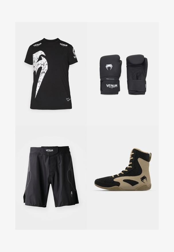 Juodas medvilnės marškinėliai su dideliu baltu pramuštu grafiniu dizainu priekyje, Venum logotipas ant pečių ir mažas logotipas ant krašto.; Juodi Venum sportiniai šortai su plačiu juosmeniu, Velcro užtrauktuku ir subtiliais pilkais akcentais šonuose ir apatiniame kojos srityje.; Aukštesni sportiniai batai, turintys juodą tinklinį paviršių su smėlio spalvos akcentais. Tekstūruota gumos pašiūrė ir logotipo detalė šonėje.; Juodos bokso pirštinės su lygiu paviršiumi, su baltu "Venom" logotipu ir reguliuojamu kabliuko ir kilpelės dirželiu, užtikrinančiu saugų prigludimą.