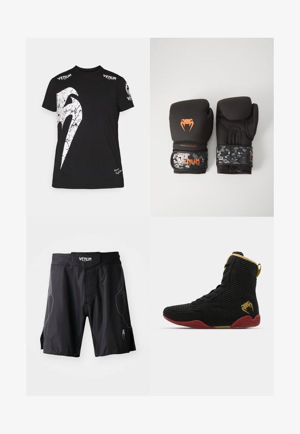 Schwarzes Baumwoll-T-Shirt mit einem großen weißen, rissigen Grafikdesign auf der Vorderseite, Venum-Logo an den Schultern und einem kleinen Logo am Saum.; Schwarze Venum-Sportshorts mit breitem Bund, Klettverschluss und dezenten grauen Akzenten an den Seiten und im Unterschenkelbereich.; Hochschuh-Sportschuh aus schwarzem Mesh und synthetischem Material, mit strukturierten Akzenten, roter Gummisohle und goldenen Details am Knöchel.; Schwarze Boxhandschuhe mit matter Oberfläche und ergonomischem Design. Orangefarbene Logodetails und armeeähnlich gemusterte Handgelenkriemen.