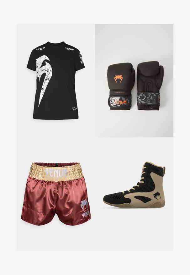 Svart bomulls t-skjorte med et stort hvitt sprukket grafikk på forsiden, Venum-logo på skuldrene, og en liten logo nederst.; Bordeaux sateng bokseshorts med et guld elastisk taljebånd, med et fremtrædende sølv "VENUM" logo og et lille logo på undersiden.; Høye idrettssko med svart nettverksutside og beige detaljer. Teksturert gummisåle og logo på siden.; Svarte boksinghansker med matt finish og ergonomisk design. Oransje logo-detaljer og håndleddsstropper med kamuflasjemønster.