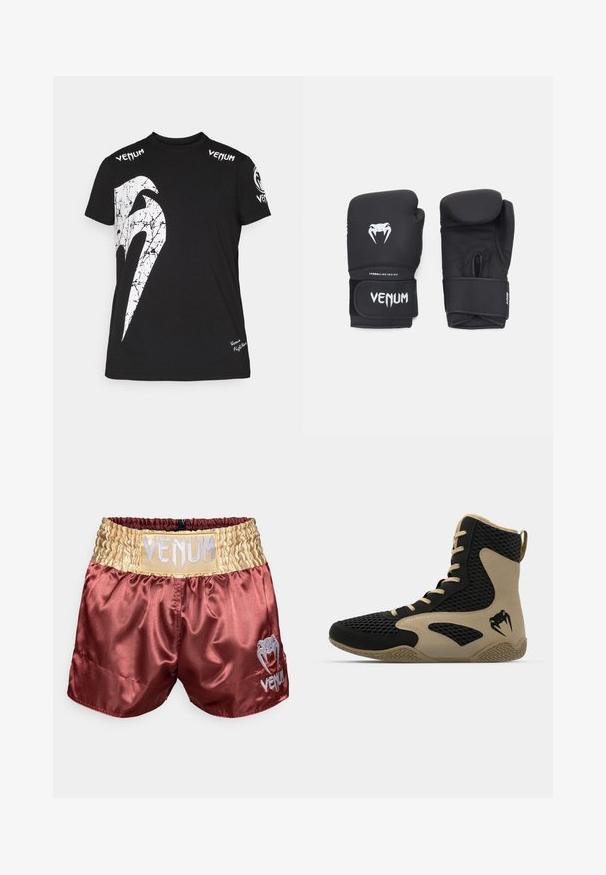 Black cotton t-shirt featuring a large white cracked graphic on the front, Venum logo on shoulders, and a small logo at the hem.; Maroon satin boxing shorts with a gold elastic waistband, featuring a prominent silver "VENUM" logo and a small logo on the lower side.; High-top athletic shoe featuring a black mesh exterior with beige accents. Textured rubber sole and logo detail on the side.; Black boxing gloves with a smooth texture, featuring a white venom logo and adjustable hook-and-loop strap for secure fit.