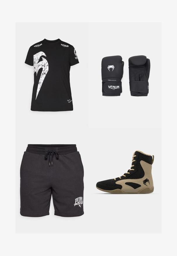 Mustvalge puuvillane T-särk, mille esiküljel on suur valge pragunenud graafika, õlgadel Venum'i logo ja hemmin väike logo.; Mustad puuvillased lühikesed püksid, millel on nööriga vöö ja küljetaskud, ning trükitud "PUMA spordiklubi" logo. Pehme tekstuur ja juhuslik disain.; Korkeatoimelise spordijalanõud musta võrkmaterjaliga, millel on beežid accentsid. Tekstureeritud kummist tallad ja logodetail küljepeal.; Mustad musta värvi poksikindad, millel on sile tekstuur, valge Venomi logo ja reguleeritav takjakinnitus, mis tagab kindla istuvuse.