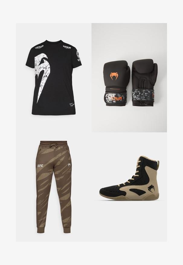 Mustvalge puuvillane T-särk, mille esiküljel on suur valge pragunenud graafika, õlgadel Venum'i logo ja hemmin väike logo.; Venum UFC FIGHT WEEK JOGGERS - Dresside alumine osa - desert camo; Korkeatoimelise spordijalanõud musta võrkmaterjaliga, millel on beežid accentsid. Tekstureeritud kummist tallad ja logodetail küljepeal.; Mustavad krossimise kinnased, millel on mati viimistlusega ja ergonoomiline disain. Oranž logo detail ja kamuflaažimuster randmetrasside peal.