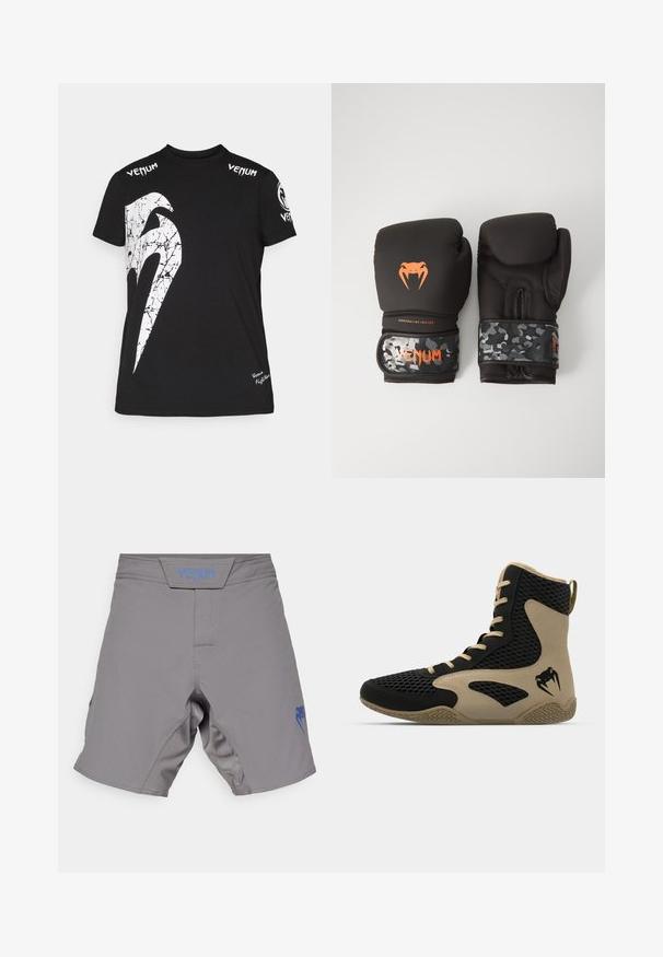 T-shirt preta de algodão com um grande gráfico branco rachado na parte da frente, logotipo da Venum nos ombros e um pequeno logotipo na bainha.; Calções cinzentos feitos de material respirável, com um logotipo da Venum em azul no lado esquerdo e uma cintura texturizada para um ajuste seguro.; Sapatilha desportiva de cano alto com um exterior em malha preta e detalhes em bege. Sola de borracha texturada e detalhe do logótipo na lateral.; Luvas de boxe pretas com acabamento mate e design ergonómico. Detalhes do logótipo em laranja e tiras de pulso com padrão de camuflagem.