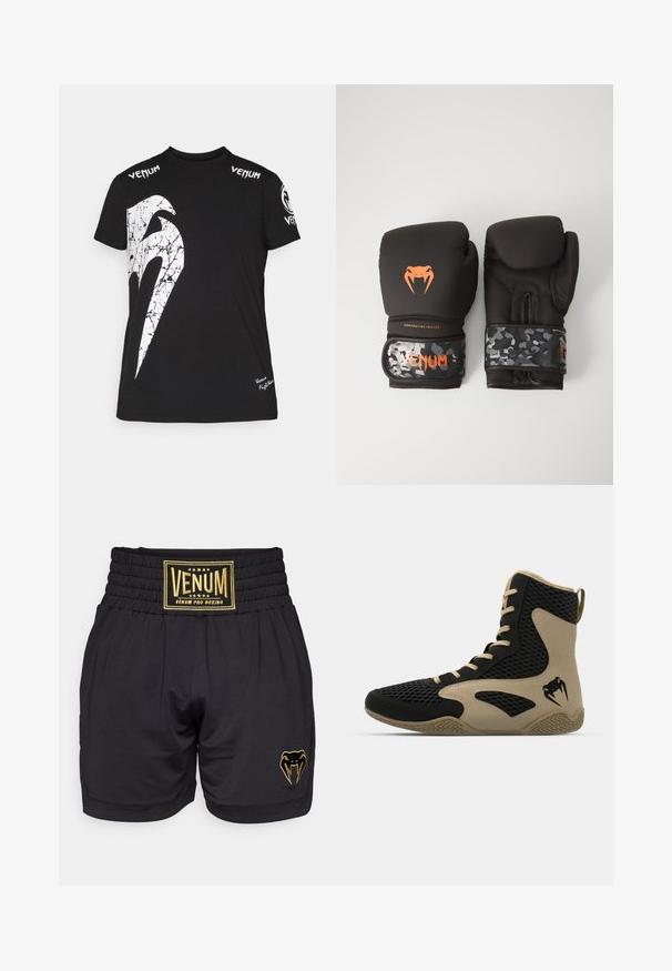 T-shirt preta de algodão com um grande gráfico branco rachado na parte da frente, logotipo da Venum nos ombros e um pequeno logotipo na bainha.; Calções de boxe pretos com uma cintura elástica texturizada, apresentando um destacado rótulo dourado "Venum Pro Boxing" e um logo de cobra na perna.; Sapatilha desportiva de cano alto com um exterior em malha preta e detalhes em bege. Sola de borracha texturada e detalhe do logótipo na lateral.; Luvas de boxe pretas com acabamento mate e design ergonómico. Detalhes do logótipo em laranja e tiras de pulso com padrão de camuflagem.