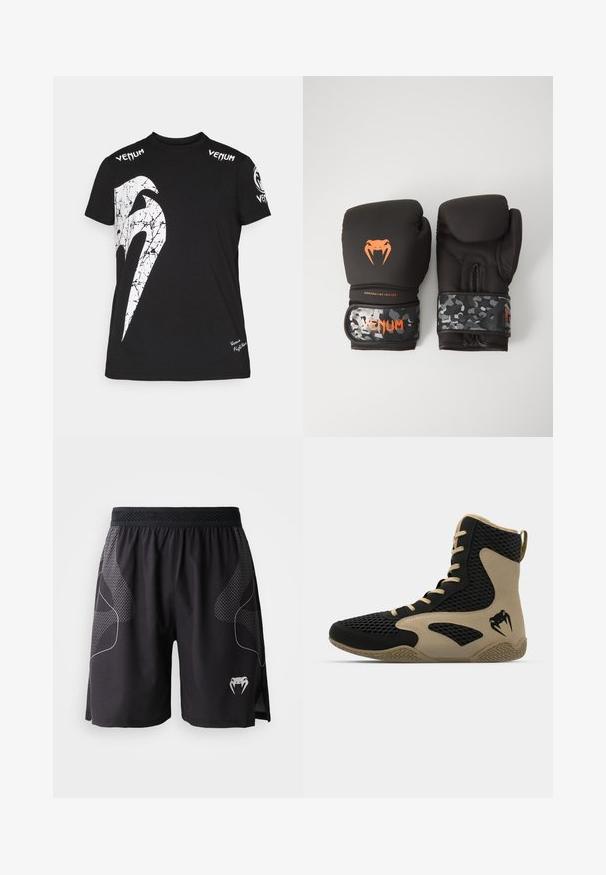 Črna bombažna majica s kratkimi rokavi, ki na sprednji strani vsebuje veliko belo razpokana grafiko, Venum logotip na ramenih in majhen logotip na robu.; Črne športne kratke hlače z teksturiranimi stranskimi ploščami, elastičnim pasom in belim logojem zobate kače na spodnjem levem delu noge.; Športni čevlji z visokim zgornjim delom z črnim mrežastim zunanjim materialom in bež poudarki. Teksturiran gumijast podplat in podrobnost logotipa na strani.; Črne boksarske rokavice z mat površino in ergonomsko zasnovo. Detajli v oranžni barvi in zapestnice v vojaškem vzorcu.