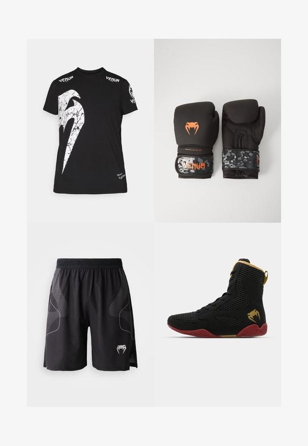 T-shirt en coton noir avec un grand motif blanc craquelé sur le devant, logo Venum sur les épaules et un petit logo à l'ourlet.; Shorts de sport noirs avec des panneaux latéraux texturés, une taille élastique et un logo de serpent à crocs blanc sur la jambe inférieure gauche.; Baskets montantes en mesh noir et matériau synthétique, avec des accents texturés, une semelle en caoutchouc rouge et des détails dorés sur la cheville.; Gants de boxe noirs avec une finition mate et un design ergonomique. Détails de logo orange et bandes de poignet à motif camouflage.