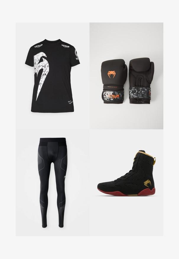Svart bomull t-shirt med en stor vit sprucken grafik framtill, Venum-logotyp på axlarna och en liten logotyp på fållen.; Svarta sportleggings gjorda av stretchigt material, med en bred midja, nätpaneler och reflexdetaljer längs sidorna.; Höga sportskor i svart mesh och syntetmaterial, med texturerade detaljer, röd gummisula och gulddetaljer vid ankeln.; Svarta boxningshandskar med matt yta och ergonomisk design. Orange logotypdetaljering och handledsremmar med kamouflage-mönster.