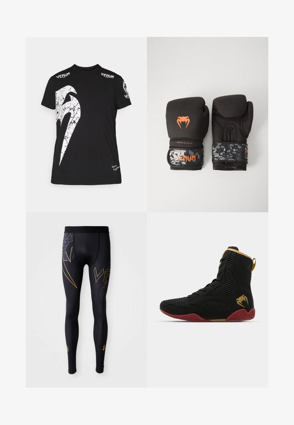 Black cotton t-shirt featuring a large white cracked graphic on the front, Venum logo on shoulders, and a small logo at the hem.; Black athletic leggings with a smooth texture, featuring gold accents and a graphic design on the legs. Elastic waistband for comfort.; High-top athletic shoe with black mesh and synthetic material, textured accents, red rubber sole, and gold detailing on the ankle.; Black boxing gloves with a matte finish and ergonomic design. Orange logo detailing and camouflage-patterned wrist straps.