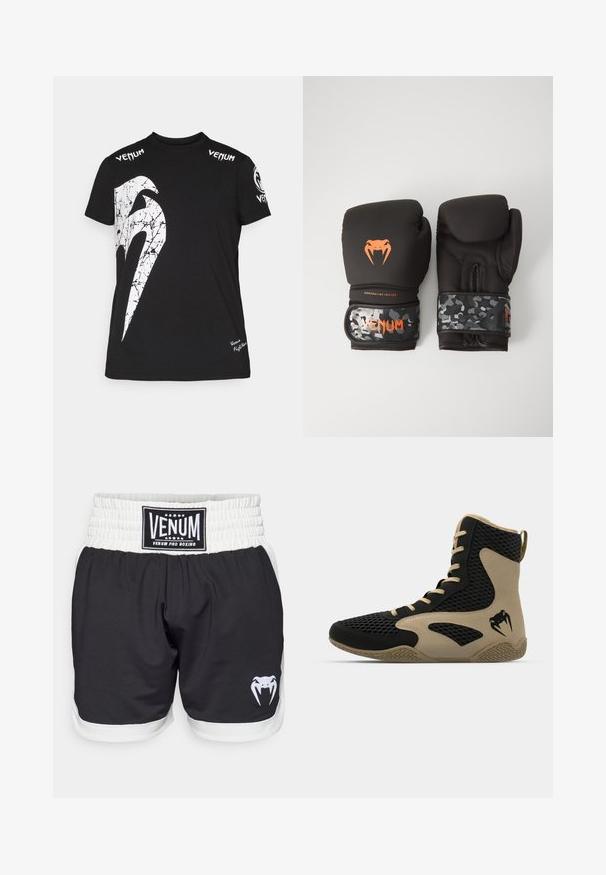 Mustan puuvillan t-paita, jossa on suuri valkoinen halkeillut graafinen kuvio edessä, Venum-logo hartioilla ja pieni logo helman kohdalla.; Mustat bokserihousut valkoisella vyötärönauhalla, joissa on VENUM-logo ja valkoinen käärmegraafikko. Valmistettu kevyestä ja kestävästä materiaalista.; Korkean varren urheilukengät, joissa on musta verkkopinta beigeillä yksityiskohdilla. Hieman teksturoitu kumipohja ja logokuvaus sivussa.; Mustat nyrkkeilyhanskat, joissa on mattapinta ja ergonominen muotoilu. Oranssit logot yksityiskohtina ja maastokuvioidut rannekkeen hihnat.