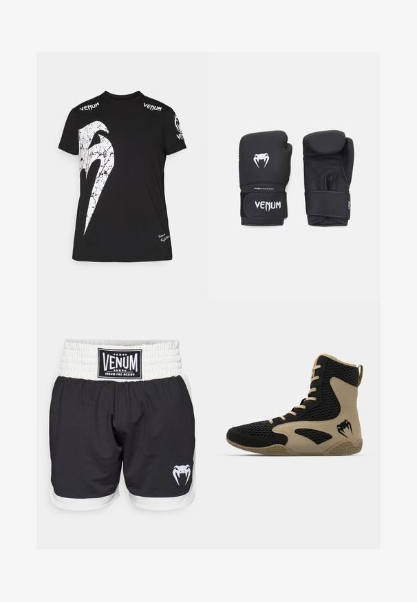 Tricou din bumbac negru cu un grafic alb mare, crăpat, pe față, logo-ul Venum pe umeri și un logo mic la tiv.; Pantaloni scurți de box negri cu talie albă, având un logo VENUM și un grafic cu un șarpe în alb. Confecționați dintr-un material ușor și durabil.; Pantofă sport de tip high-top cu un exterior din plasă neagră și accente bej. Talpă din cauciuc texturat și detaliu logo pe lateral.; Mănuși de box negre cu o textură netedă, având un logo alb Venom și o curea ajustabilă cu velcro pentru o fixare sigură.