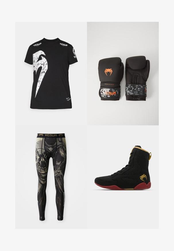 T-shirt en coton noir avec un grand motif blanc craquelé sur le devant, logo Venum sur les épaules et un petit logo à l'ourlet.; Leggings de compression noirs et gris avec un design détaillé de visage de robot ou de cyborg et le logo "VENUM" sur la ceinture.; Baskets montantes en mesh noir et matériau synthétique, avec des accents texturés, une semelle en caoutchouc rouge et des détails dorés sur la cheville.; Gants de boxe noirs avec une finition mate et un design ergonomique. Détails de logo orange et bandes de poignet à motif camouflage.