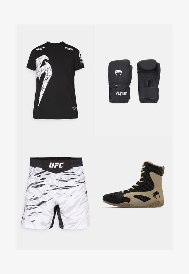 Schwarzes Baumwoll-T-Shirt mit einem großen weißen, rissigen Grafikdesign auf der Vorderseite, Venum-Logo an den Schultern und einem kleinen Logo am Saum.; Weiße und schwarze UFC-Shorts mit einem Camouflage-Muster, ausgestattet mit einem schwarzen Bund und dem Logo "UFC", das prominent oben angezeigt wird.; Hochschuh mit schwarzem Mesh-Obermaterial und beigen Akzenten. Strukturiertem Gummisohle und Logodetail an der Seite.; Schwarze Boxhandschuhe mit glatter Oberfläche, ausgestattet mit einem weißen Venom-Logo und einem verstellbaren Klettverschluss für einen sicheren Sitz.