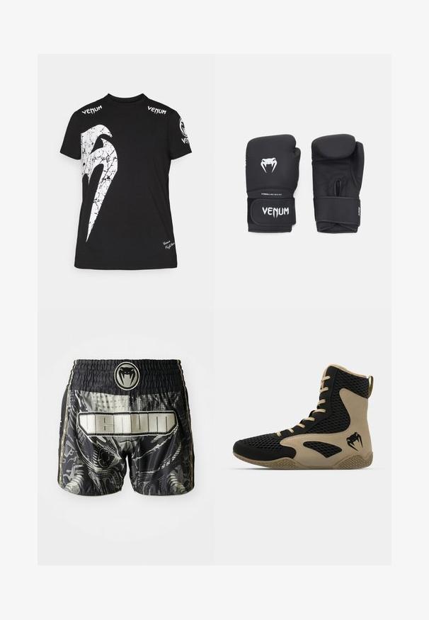 Schwarzes Baumwoll-T-Shirt mit einem großen weißen, rissigen Grafikdesign auf der Vorderseite, Venum-Logo an den Schultern und einem kleinen Logo am Saum.; Schwarze und graue gemusterte Shorts mit einem elastischen Bund, der ein Logo und den Text "VENUM" aus einem auffälligen, glänzenden Material trägt.; Hochschuh mit schwarzem Mesh-Obermaterial und beigen Akzenten. Strukturiertem Gummisohle und Logodetail an der Seite.; Schwarze Boxhandschuhe mit glatter Oberfläche, ausgestattet mit einem weißen Venom-Logo und einem verstellbaren Klettverschluss für einen sicheren Sitz.