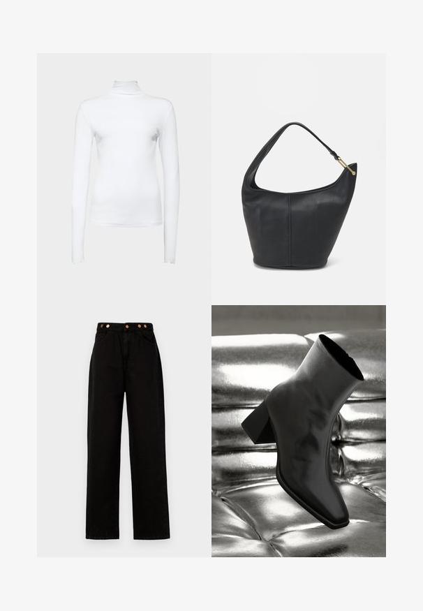 Hvid langærmet turtleneck top lavet af strækbart bomuldsstof. Har et tætsiddende design og glat tekstur, uden synlige mønstre eller detaljer.; Sorte denim vidde bukser med kobberknapdetaljer, der har to forlommer og en høj talje. Glat tekstur og lige snit.; Sorte ankelstøvler lavet af glossy materiale med firkantet tå og spidse hæle, sat mod en skinnende sølv tuftet baggrund.; Sort læderhandtaske med en rund form, bred rem og textured finish. Har en subtil sømdetalje og en hardware i gyldent tone.
