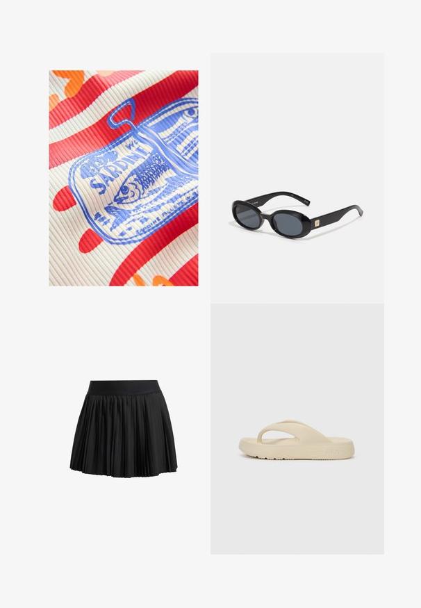 Next REGULAR FIT - RACER TANK SLEEVELESS - Viršus - white red; Juoda plisėta sijonas su elastinga juosta, pasižymintis tekstūruotu audiniu ir sluoksniuota struktūra, kuri sukuria apimties efektą apatinėje dalyje.; Bežinės flip-flop šlepetės, pagamintos iš gumos, su vienu pirštų laikikliu ir storu padu su sukibimo raštu. Pažymėtos Fila logotipu.; Juodos ovalios saulės akinių su tamsiais stiklais, blizgaus plastiko rėmas, plačios kojos ir mažas auksinis akcentas vienoje pusėje.