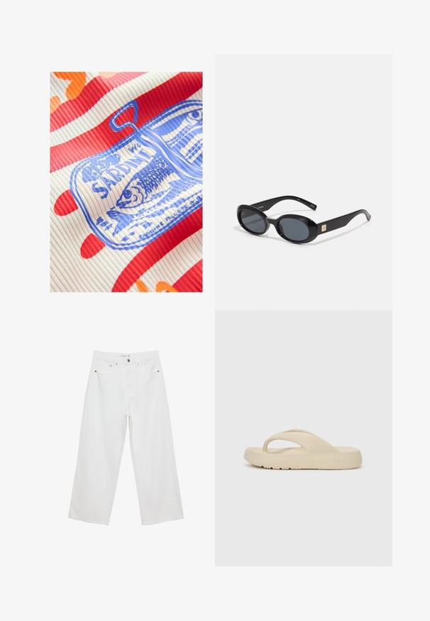 Next REGULAR FIT - RACER TANK SLEEVELESS - Top - white red; Hvide bukser med bred benvidde lavet af denim med høj talje, der har fem lommer og metalhardware. Glat tekstur, uden synlige mønstre.; Beige flip-flop sandal lavet af gummi, med en enkelt tåstrop og en tyk sål med skridsikker mønster. Præget med Fila-logoet.; Sorte ovale solbriller med mørke linser, glansfuld plastikramme, brede arme og en lille gul accent på den ene side.