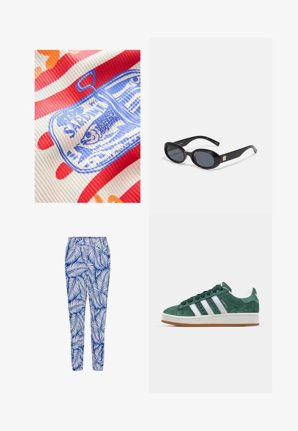 Next REGULAR FIT - RACER TANK SLEEVELESS - Top - white red; Blaue und weiße gemusterte Hosen mit einem Blätterdesign, elastischem Bund und schmal zulaufenden Säumen, aus leichtem, atmungsaktivem Stoff.; Grüne Wildleder-Sneaker mit weißen Lederstreifen, Gummisohle, gepolsterter Kragen und minimalistischem Design. Mit Branding an der Seite.; Schwarze ovale Sonnenbrillen mit dunklen Gläsern, glänzendem Kunststoffrahmen, breiten Bügeln und einem kleinen goldenen Akzent auf einer Seite.