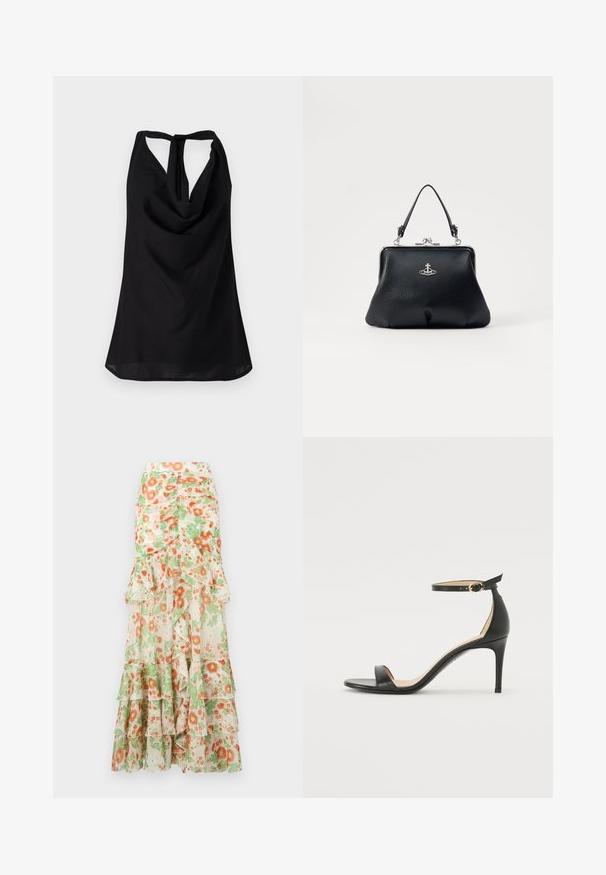 Zwarte mouwloze top met een gedrapeerde halslijn, een lage rug met een striksluiting en een vloeiende silhouwette. Gemaakt van lichtgewicht stof.; Florale maxi rok met een crèmekleurige achtergrond, oranje en groene bloemenprint, gerimpelde lagen en een aansluitend tailleontwerp.; Zwarte leren hoge hak sandaal met enkelbandje. Heeft een gladde textuur, open teen en een dunne hak. Gouden gesp detail.; Zwarte leren handtas met een gestructureerde oppervlakte, zilveren hardware, sluiting met een haak, en een korte handgreep om te dragen. Compacter en gestructureerd ontwerp.
