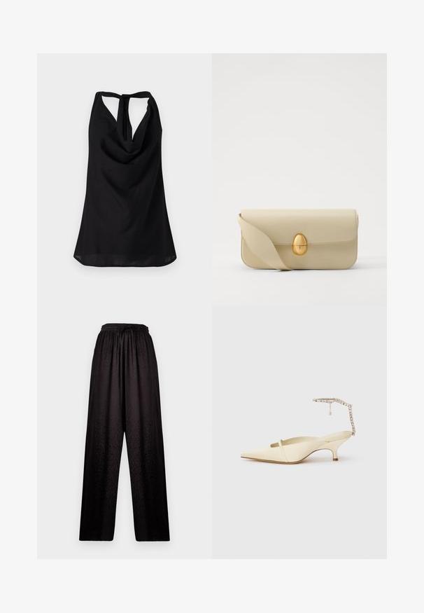Čierny bezrukávový top s drapériou na výstrihu, nízkym chrbtom s viazaním a voľnou siluetou. Vyrobený z ľahkého materiálu.; Čierne široké nohavice s elastickým pásom a jemnou textúrou leopardieho vzoru, s nastaviteľnýmviazaním vpredu.; Krémové lodičky s úzkym predným popruhom a ozdobným členkovým remienkom na bielom pozadí.; Béžová kožená kabelka s hladkou textúrou, obdlžnikovým tvarom a zlatým oválnym zapínaním. Má dlhý, nastaviteľný popruh.