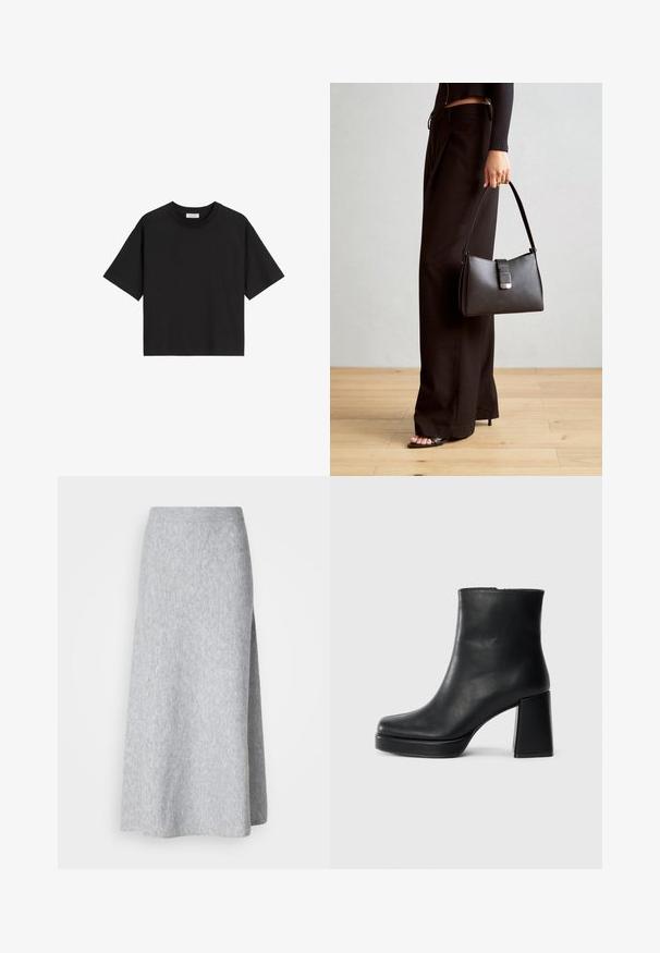 Zwarte katoenen t-shirt met korte mouwen, een ronde hals en een ontspannen pasvorm. Gladde textuur en eenvoudig ontwerp zonder patronen of versieringen.; Lichtgrijze, zachte gebreide midi-rok met een geribde tailleband en een zijslit, weergegeven op een witte achtergrond.; Zwarte leren enkelboot met een blokhak en platformzool, zijaanzicht op een effen witte achtergrond.; Zwarte handtas met gestructureerde vorm, gladde textuur en een metalen sluiting. Gecombineerd met brede zwarte broeken en sandalen met open teen op een houten vloer.