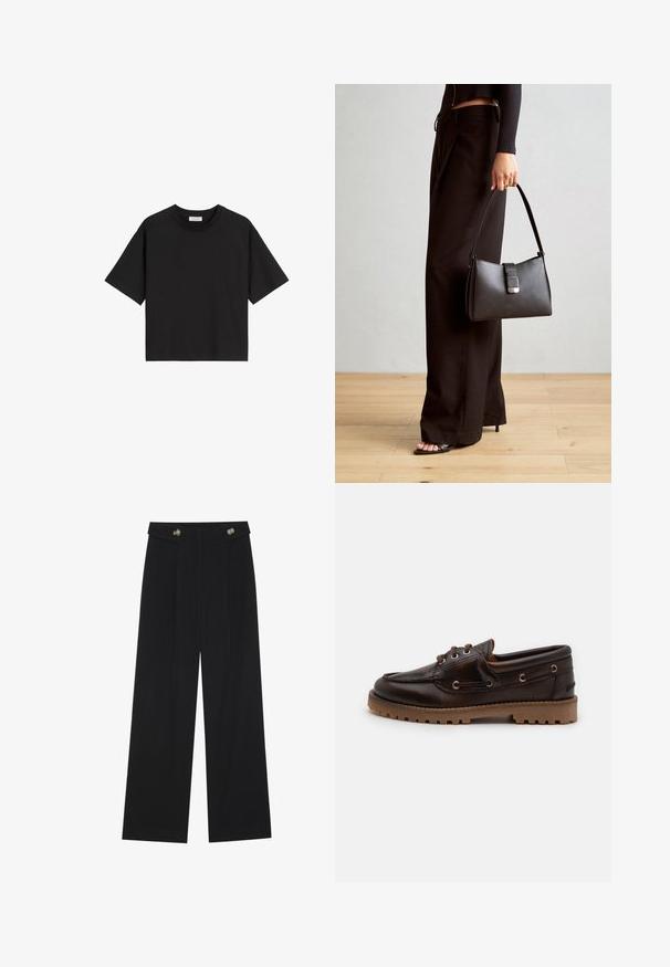 Tricou din bumbac negru, cu mâneci scurte, de tip crew neck și o croială confortabilă. Textură netedă și design simplu, fără tipare sau decoruri.; Pantaloni negri cu picioare largi, talie înaltă, detalii cu butoane pe talie și pliseuri în față.; Pantofii de bărbați din piele maro cu vârf rotund, două găuri pentru șireturi și talpă din cauciuc texturat. Au detalii cusute și o talpă exterioară de nuanță contrastantă, bej.; Genți negre cu o formă structurată, textură netedă și un închizător metalic. Asortată cu pantaloni negri largi și sandale cu vârf deschis pe un podea din lemn.