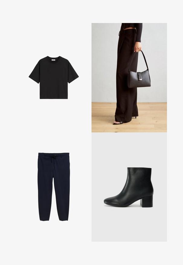 Schwarzes Baumwoll-T-Shirt mit kurzen Ärmeln, Rundhalsausschnitt und lockerer Passform. Glatte Textur und schlichtes Design ohne Muster oder Verzierungen.; Marineblaue Hose mit elastischem Bund und Kordelzug. Das Material ist glatt, mit einer schmal zulaufenden Beinform und ohne sichtbare Muster.; Schwarze Leder-Ankle-Boots mit spitzem Zehenbereich und klobigem Absatz. Glatte Textur mit minimalen Akzenten und einem eleganten, taillierten Design.; Schwarze Handtasche mit strukturierter Form, glatter Textur und einem metallischen Verschluss. Kombiniert mit weiten schwarzen Hosen und offenen Sandalen auf einem Holzboden.