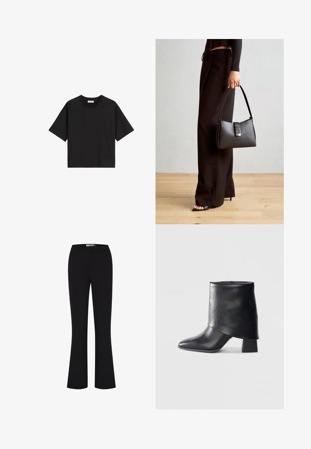 Zwarte katoenen t-shirt met korte mouwen, een ronde hals en een ontspannen pasvorm. Gladde textuur en eenvoudig ontwerp zonder patronen of versieringen.; Zwarte flared broeken van een zachte stof, met een aansluitende tailleband en een strakke voorkant zonder zakken.; Zwarte leren enkellaars met een spitse neus, een zachte textuur en een gestructureerde blokhak. Kenmerkt zich door een hoge, gevouwen kraag.; Zwarte handtas met gestructureerde vorm, gladde textuur en een metalen sluiting. Gecombineerd met brede zwarte broeken en sandalen met open teen op een houten vloer.