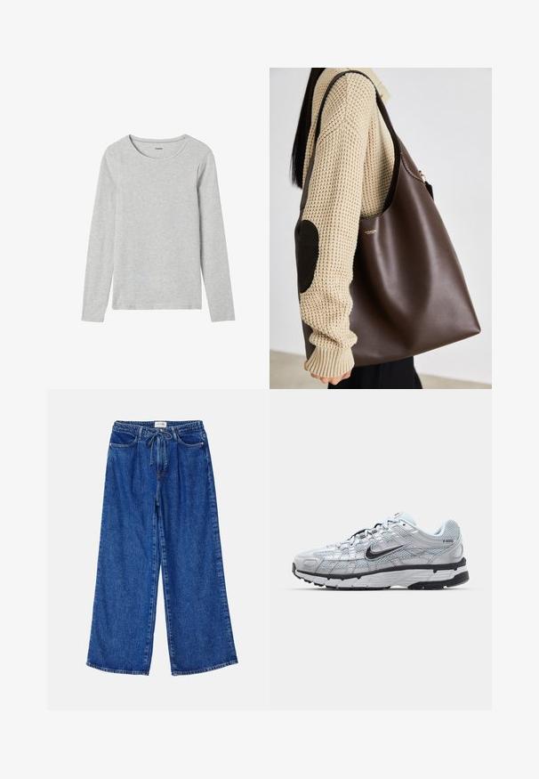 Graues Langarmhemd aus leichtem Baumwollmix mit Rundhalsausschnitt und schlichter Textur ohne Muster oder Akzente.; Blaue weit geschnittene Jeans aus Denim, mit einem elastischen Bündchen und Kordelzug, zwei Vorderaschen und einer lockeren Passform.; Nike P-6000 Sneakers mit einem Obermaterial aus leichtem grauem Mesh, schwarzen Akzenten und einer langlebigen schwarzen Gummisohle. Verfügt über ein komplexes Design und ein Schnürsystem.; Braune Leder-Umhängetasche mit geräumigem Design. Verfügt über eine glatte Textur und ein dezentes Goldenes Logo. Kombiniert mit einem cremefarbenen Strickpullover.