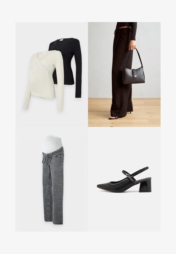 Du giemelio rankovėmis nėščiųjų palaidinės: viena šviesiai grietinėlės spalvos, kita juoda. Abi turi apvyniotos sukirpimo dizainą ir minkštą audinio tekstūrą.; Vero Moda Maternity VMMTESSA WIDE BELT - Laisvo kirpimo džinsai - medium grey denim; Juodi patentinio odos slingback aukštakulniai su smailiu pirštu, apvaliu išpjovimu ir blokiniu kulnu. Papuošti auksiniu juostos akcentu.; Juodas rankinė struktūrizuota forma, lygi tekstūra ir metalinis užsegimas. Suporuota su plačiomis juodomis kelnėmis ir atvirais bateliais ant medinių grindų.