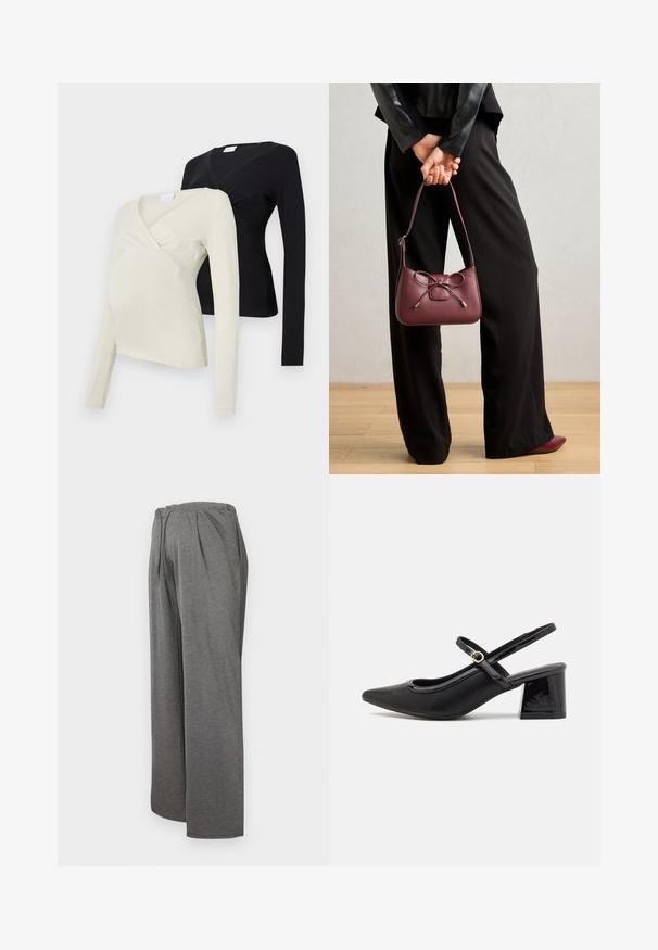 Zwei langärmlige Umstandblusen: eine in hellem Creme, die andere in Schwarz. Beide verfügen über ein Wickeldesign und eine weiche Stoffqualität.; Graue weit geschnittene Hose aus weichem, leichtem Stoff. Sie verfügt über einen elastischen Bund und vordere Falten, die einen bequemen Sitz bieten.; Schwarze Lackleder-Slingback-Absätze mit spitzer Zehenform, einem runden Ausschnitt-Design und einem Blockabsatz. Mit einem goldfarbenen Schnallenakzent.; Burgunderfarbene Ledertasche mit einer Schleifen-Applikation, ausgestattet mit einem schmalen Trageriemen und goldfarbenen Beschlägen, gehalten von einer Person, die schwarze Hosen trägt.