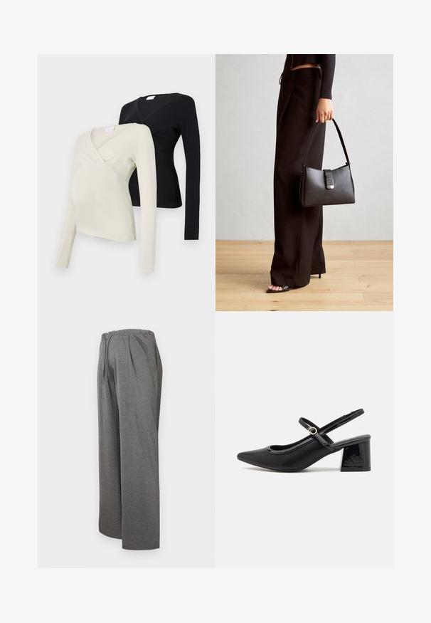 Dos blusas de maternidad de manga larga: una en crema claro y la otra en negro. Ambas cuentan con un diseño cruzado y una textura de tela suave.; Pantalones de pierna ancha grises, fabricados con un tejido suave y ligero. Cuentan con una cintura elástica y plisados frontales, proporcionando un ajuste cómodo.; Tacones slingback de charol negro con punta afilada, un diseño de corte redondeado y tacón bloque. Incluye un detalle de hebilla en tono dorado.; Bolso negro con forma estructurada, textura suave y un cierre metálico. Combinado con pantalones anchos negros y sandalias de dedo en un suelo de madera.