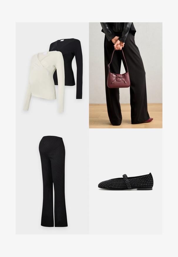 Twee langarm zwangerschapsblouses: één in lichtcrème, de andere in zwart. Beide hebben een wikkeldesign en een zachte stoftextuur.; Zwarte flared broeken met een elastische tailleband, voorzien van een subtiele diamantpatroon textuur. Eenvoudig ontwerp, geen zichtbare hardware.; Zwarte flatschoenen met een puntige neus, versierd met zwarte studs op de bovenkant, en een gathered band over de wreef. Rubberen zool.; Bordeaux leren handtas met een strikdetail, voorzien van een slanke strap en gouden hardware, vastgehouden door een persoon in zwarte broek.