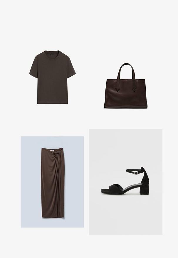 Dark brown cotton t-shirt with short sleeves, a crew neckline, and a smooth texture. Features no patterns or graphics.; Brown, knee-length skirt made of soft, draped fabric. Features a twisted knot detail at the waist and a smooth texture.; Black suede heeled sandals with a thin ankle strap, open toe design, and a modest block heel. Smooth texture and minimal accents.; Brown leather tote bag with two elongated handles, structured rectangular shape, smooth texture, and subtle stitching details.