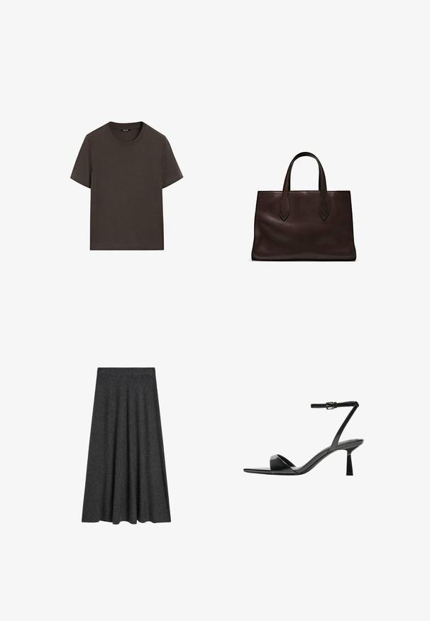 T-shirt en coton marron foncé, à manches courtes, avec un col rond et une texture lisse. Sans motifs ni graphiques.; Jupe évasée, longueur genoux, en mélange de laine gris foncé, avec une texture lisse et une taille élastique pour le confort et la facilité de port.; Bershka Sandales à talons hauts - black; Sac tote en cuir marron avec deux poignées allongées, forme rectangulaire structurée, texture lisse et détails de couture subtils.
