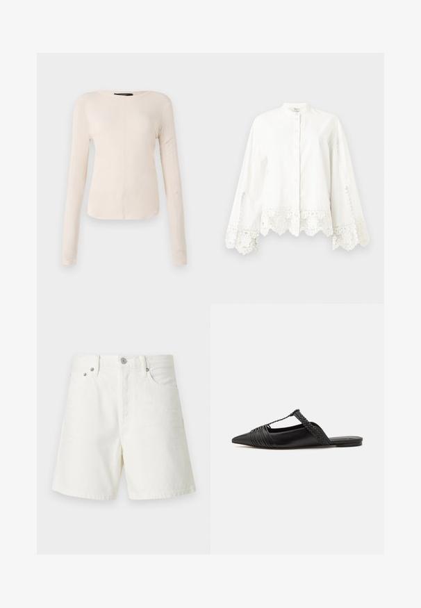 Maglietta a maniche lunghe di colore beige chiaro con scollatura rotonda. Realizzata in tessuto morbido, presenta una cucitura centrale e un orlo leggermente curvato. Senza hardware visibile.; Camicia bianca a maniche lunghe con bottoni, rifinita con pizzo su polsini e orlo, caratteristiche di un colletto alla mandarino e cuciture decorative sottili.; Shorts di denim bianco con taglio dritto, design a cinque tasche, chiusura frontale con bottone, accessori in argento e dettagli cuciti.; Scarpa slingback in pelle nera con punta appuntita, con un dettaglio intrecciato e un design superiore plissettato. Suola piatta con hardware minimale.