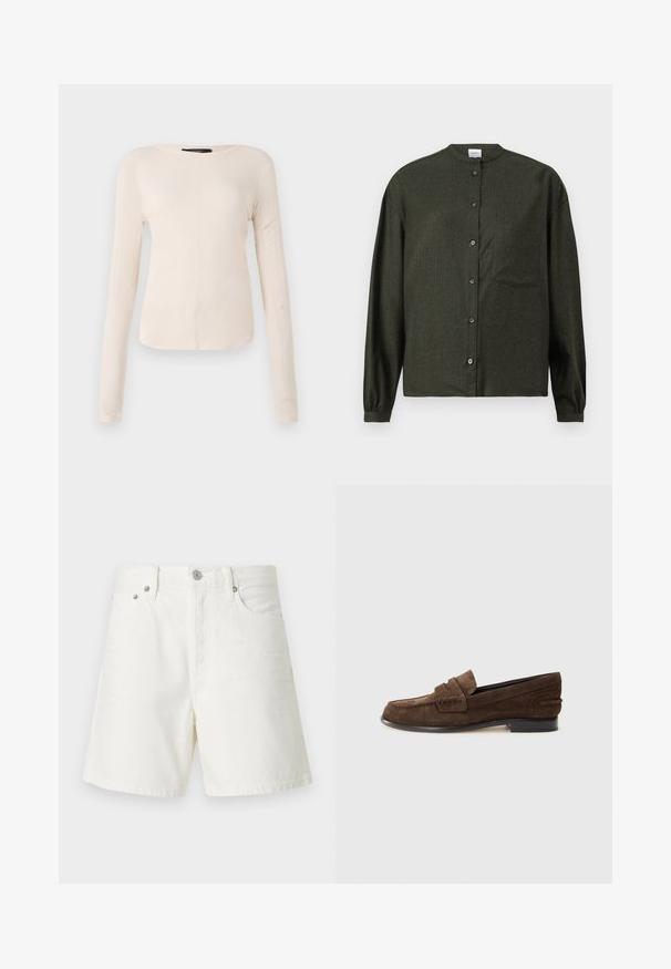 Langärmliges, hellbeiges Oberteil mit rundem Ausschnitt. Aus weichem Stoff gefertigt, verfügt es über eine zentrale Naht und einen leicht geschwungenen Saum. Keine sichtbaren Beschläge.; Dunkelgrünes Button-up-Hemd mit Stehkragen, langen Ärmeln, Brusttasche und glattem, strukturiertem Stoff.; Weiße Jeansshorts mit geradem Schnitt, Fünf-Taschen-Design, vorderem Knopfverschluss, silberner Hardware und genähten Details.; Braune Wildleder-Loafer mit niedrigem Absatz, die über ein gestepptes Schürzen-Design und eine glatte Innenauskleidung verfügen. Seitliche Akzente sorgen für Textur.